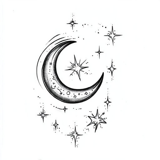 Crescent moon and stars tattoo sketch, flat clipart style