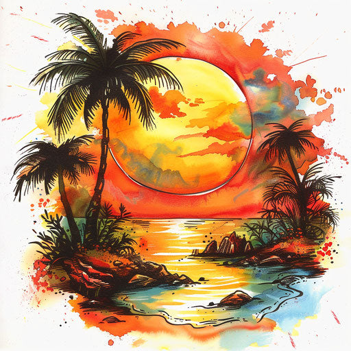 Exotic tattoo sketch of a tropical scene with palm trees and sunset, rich oranges and yellows