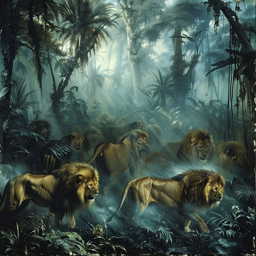 Lions hunting in a dense misty jungle