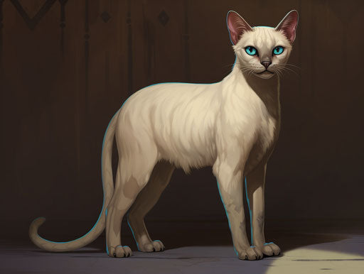 A white Siamese cat on a dark beige and teal floor
