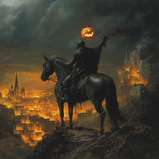 The headless rider overlooking the burning village