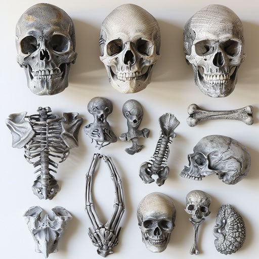 Macabre collection of skulls and bones, eerie tattoo art