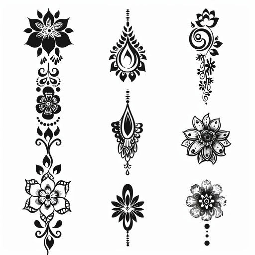 Sketch of summer henna tattoo in flat clipart style using black ink