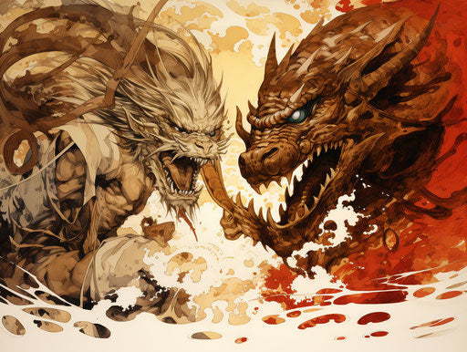 Man and dragon fighting, Japanese style, symbolic elements