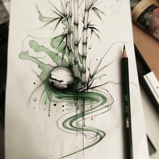 Zen-inspired flat tattoo sketch with bamboo and water motif