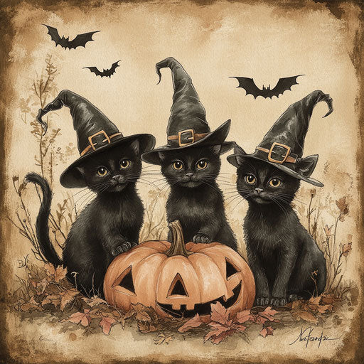 Three black cats in witches' hats, pumpkins and bats, Halloween background, vintage style