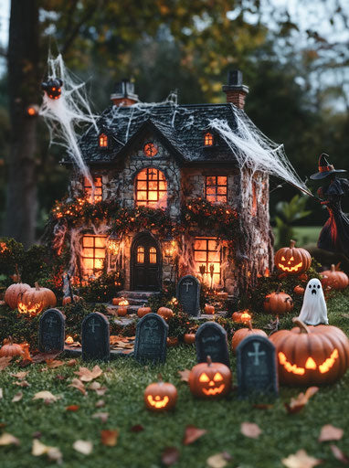 Haunted house with ghostly figures and macabre decorations for Halloween