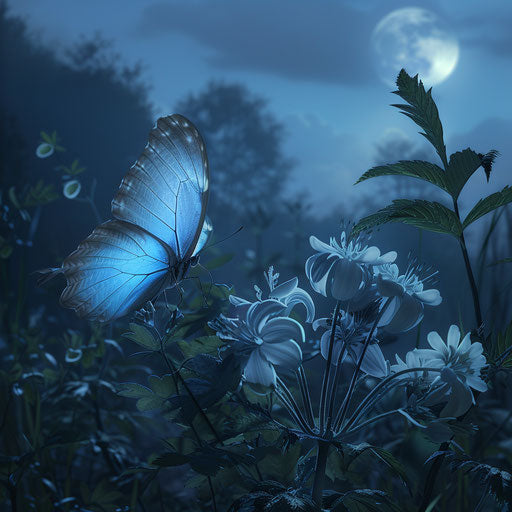 Mystical moonlit glade, Xerces blue butterfly on night-blooming flower