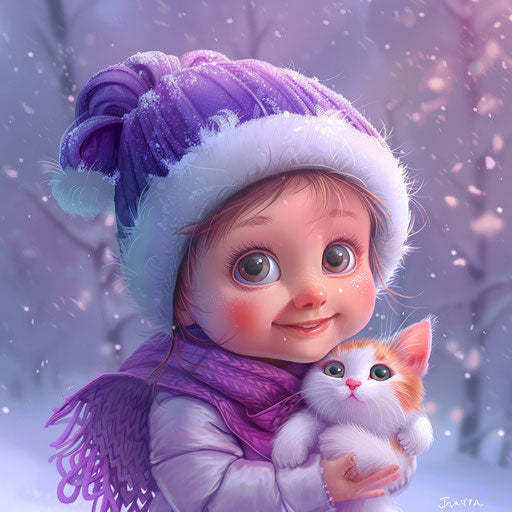 Cute baby kitten cartoon wallpaper, animation style light violet dark magenta snow scenes soft-focus colorized