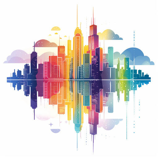 Minimalist skyline with rainbow reflections, flat tattoo sketch for urban pride