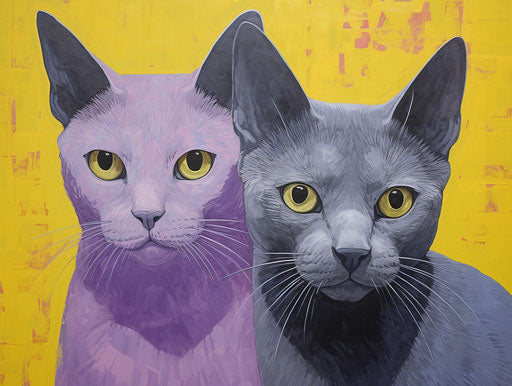 Grey shorthair cats look towards the camera, in the style of dark yellow and light violet, staining, sleek, primitivist, grainy, mottled 4:3