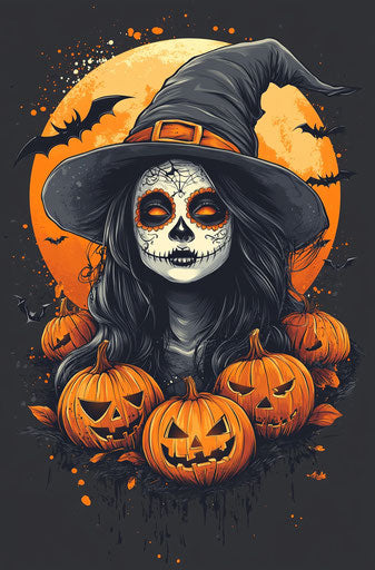 Witch with sugar skull makeup and pumpkins
