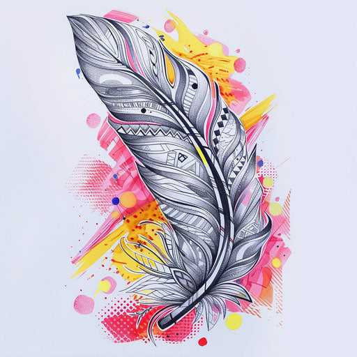 Stylized tattoo sketch of a silver feather with pop art influences and vibrant patterns