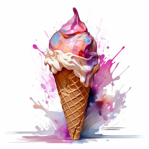 Ice cream cone in the style of Impressionistic Art, on white background