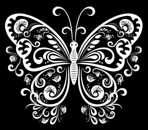 Black and white butterfly in spirals and curves, Art Deco style