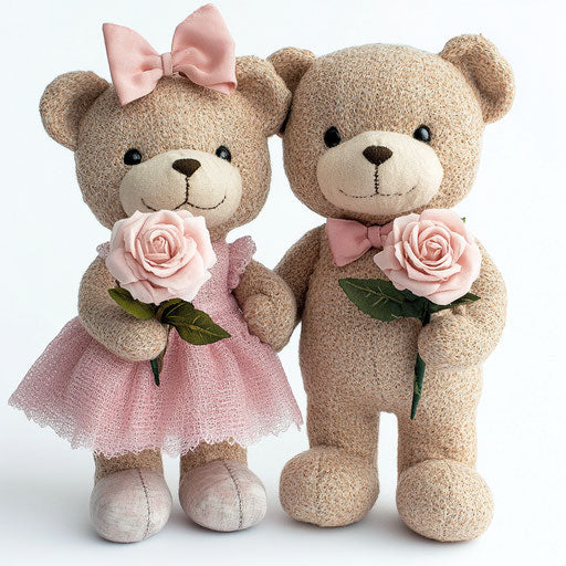 Cute teddy bear couple holding roses, in pink dress on white background