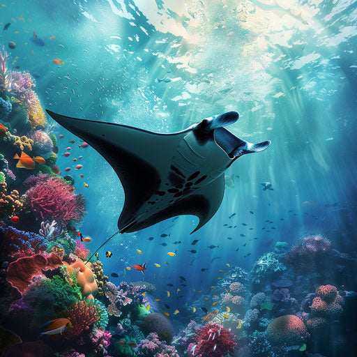 Manta ray gliding through ocean with vibrant marine life