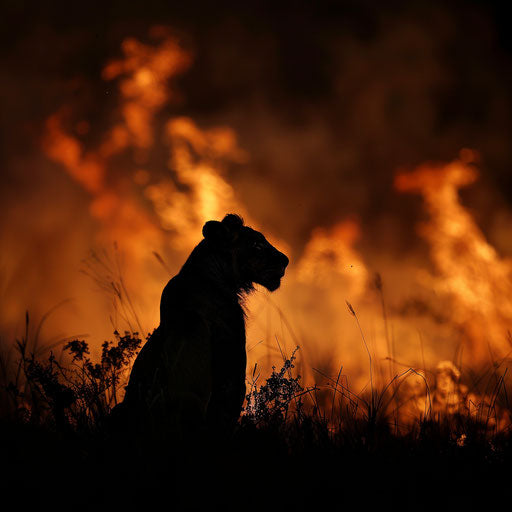 Silhouette of lion against raging savannah fire