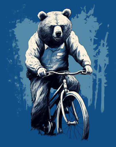 Bear on bicycle, fashion illustration style, surrealistic elements