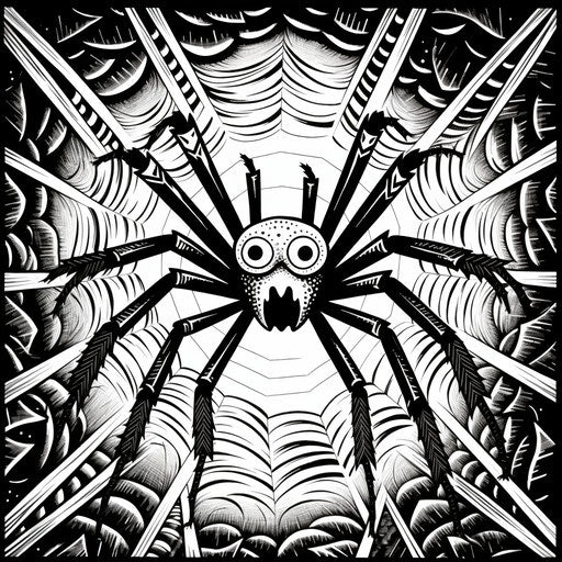 Spider drawing in graphic stencil style, anamorphic art