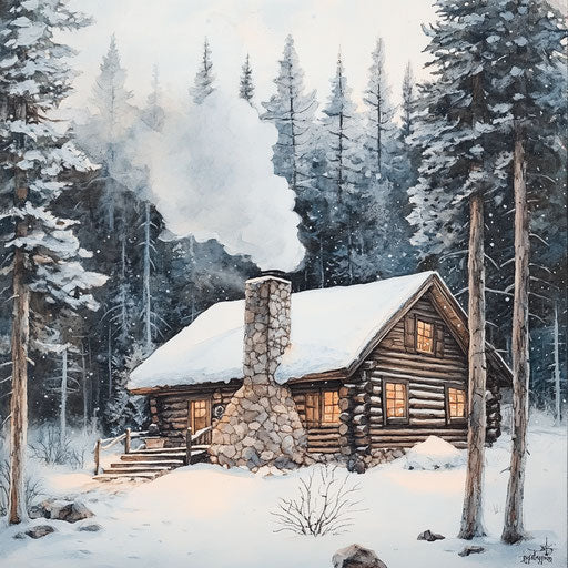 Rustic cabin in snowy woods