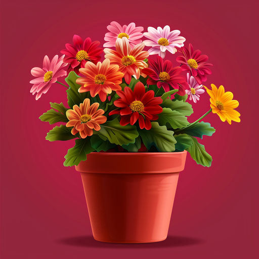 Realistic flower pot clipart on a deep burgundy background