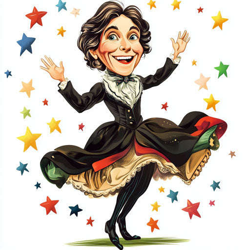 Humorous caricature of a Louisa May Alcott character clipart with human characteristics, exaggerated prominent chin, long legs, surrounded by stars, vibrant colors, cartoon style, waving, high resolution, no background, isolated