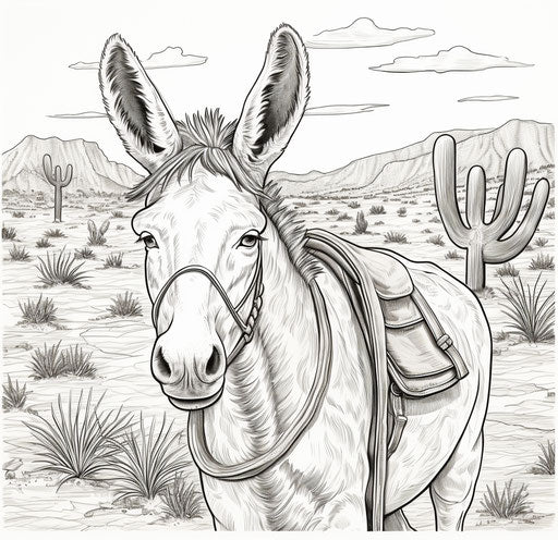 Donkey with mexican hat in the desert coloring page, captivating 28:27