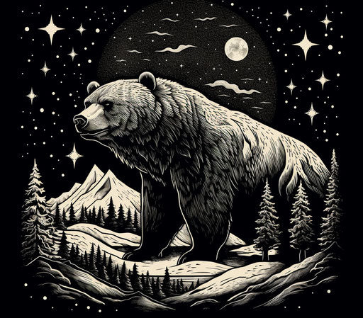 Drawing of a bear in a starry night sky in black and white