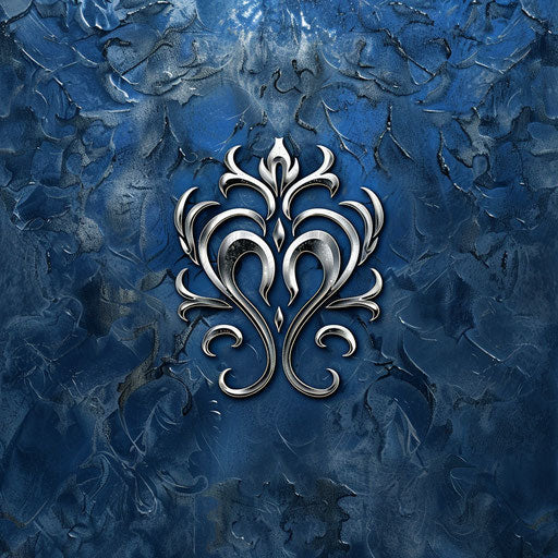 Boutique logo in blue and silver with a sophisticated background