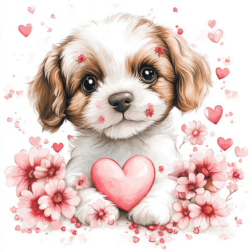 Cute Valentine's Day puppy surrounded by flowers and hearts