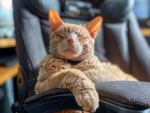 Bald cat laying on an office chair, stylish and maroon