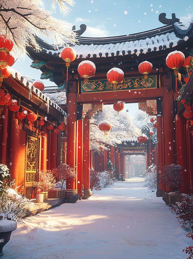 Snowy Chinese-style architecture with red lanterns