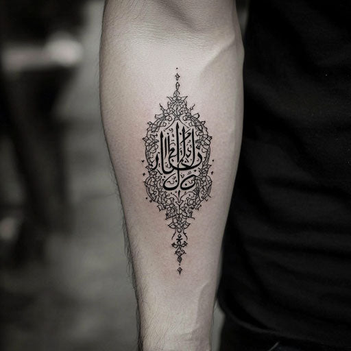 Arabic tattoo with intricate calligraphy on the forearm