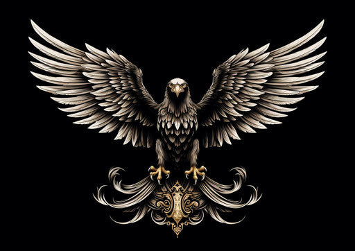Black and white eagle logo with spread wings, Florentine Renaissance style, eye-catching detail