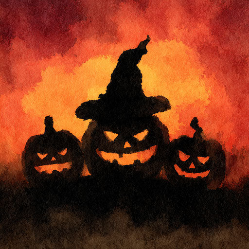 Trio of Halloween Pumpkins with a Witch's Hat