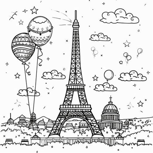 Playful Eiffel Tower with balloons for children. Coloring page
