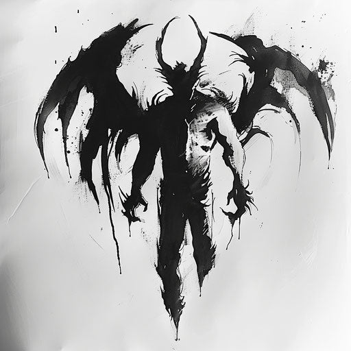Minimalist devil silhouette in bold black ink on white canvas