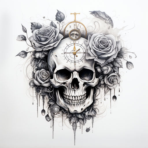 Skull with roses tattoo design ideas, clockpunk style