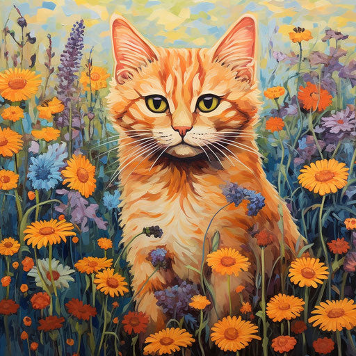 Orange cat in a field of flowers
