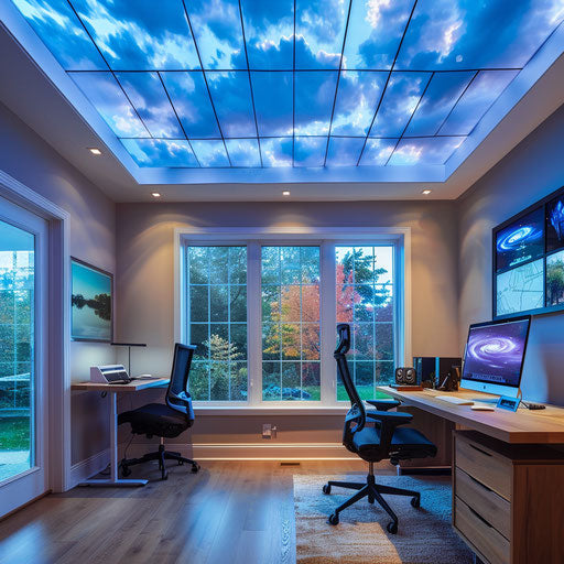 A home office with custom lighting simulating natural daylight cycles