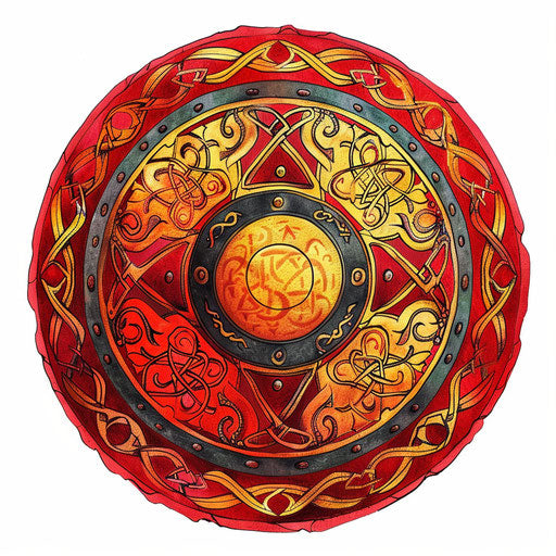 Vibrant tattoo sketch of Baldur's shield with Norse patterns in bold reds and golds, clipart style