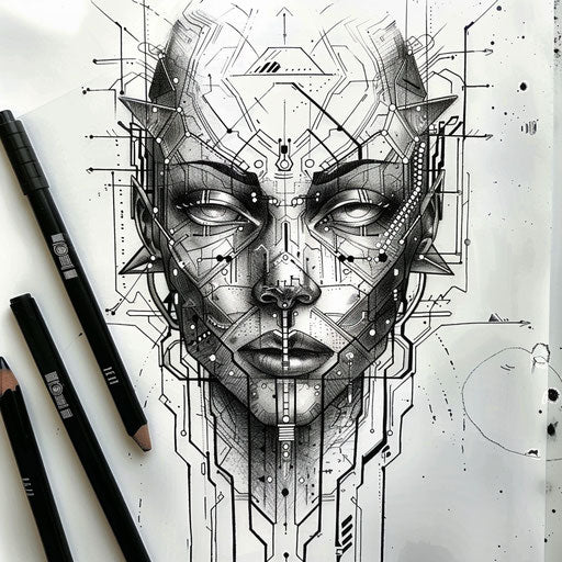 Futuristic flat tattoo sketch for 13 tattoo with metallic shades and cybernetic motifs