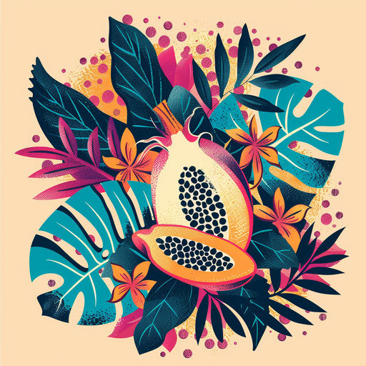 Vibrant and colorful flat tattoo sketch of a jagua fruit amidst tropical foliage