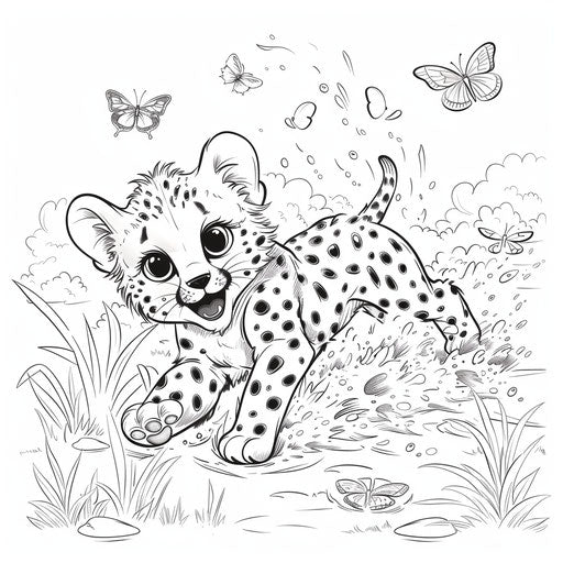 Cheetah cub chasing butterflies in meadow