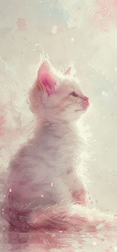 White kitten sitting, anime art style, light pink and amber, lively illustrations, sparklecore, watercolorist, animals