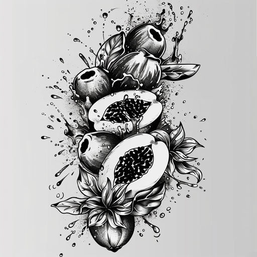 Dynamic sketch of jagua fruit tattoo falling into a splashing pool of water