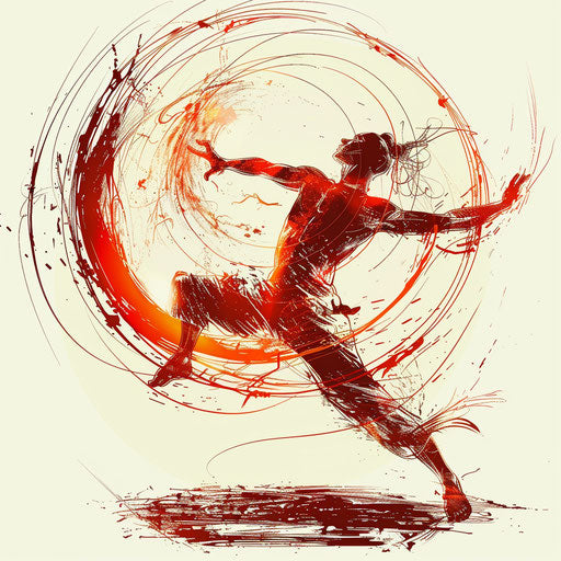 Dynamic tattoo sketch of a yogi in warrior pose, energetic lines in bold reds and oranges