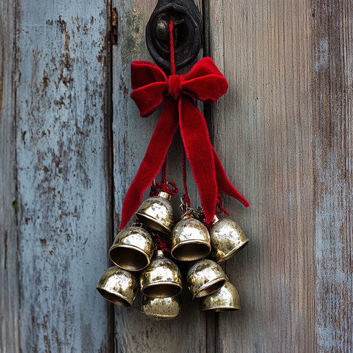 Shiny jingle bells hanging on rustic wooden door handle