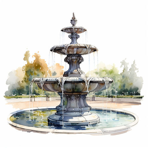 Fountain clipart in the style of oil painting, on white background
